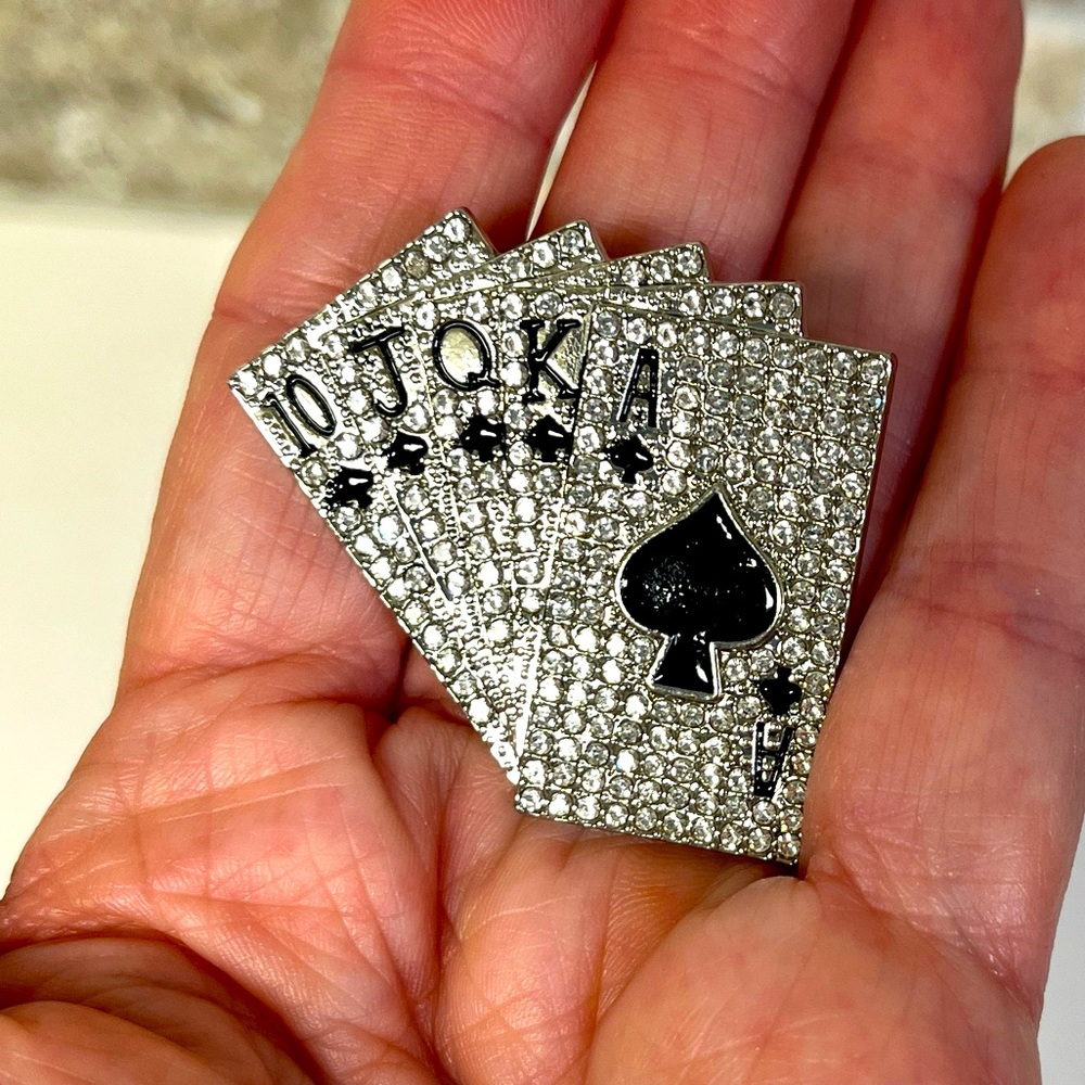 Brooch- rhinestones & blk enamel paint on poker cards. Silvertone NIP, 1.5”x1.5” - Picture 6 of 6